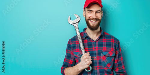 Smiling plumber man holding a adjustable wrench in his hand on colored background with copy space. Banner template for the site of plumbing services.