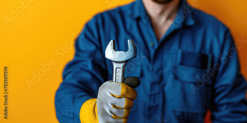 Plumber man holding a adjustable wrench in his hand on colored background with copy space. Banner template for the site of plumbing services. © SnowElf