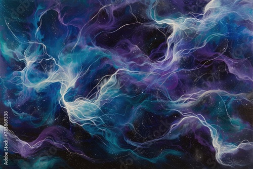 Colorful painting of a nebula with bright white and blue colors against a dark purple background.