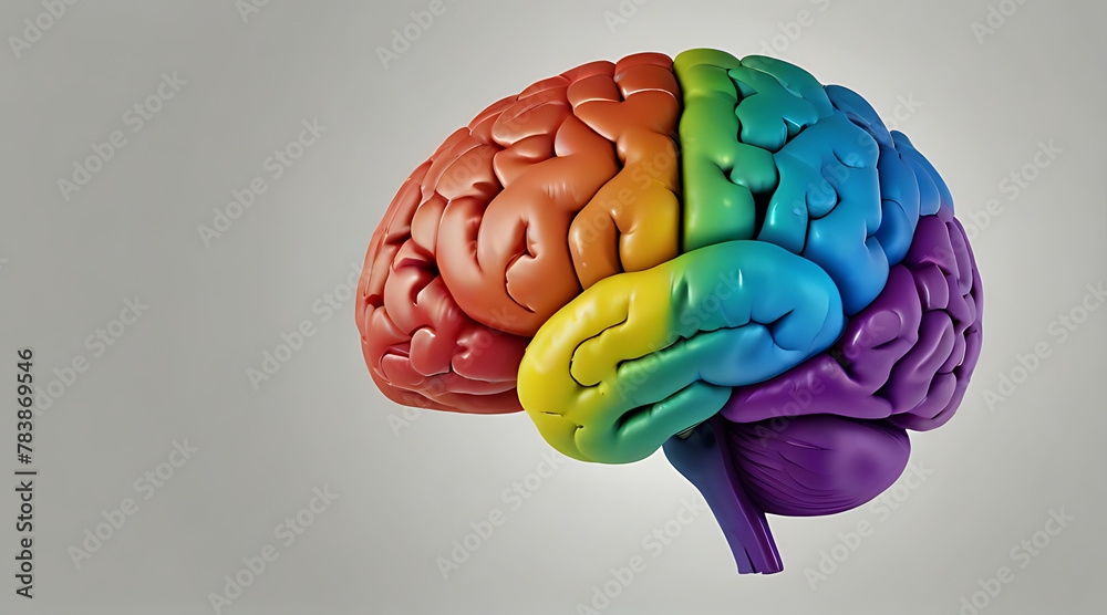 A Rainbow colored human brain isolated on a white background. Neurodiversity, mental health, psychology and neurology concept, LGBTQ+ concept, mind A Rainbow colored human brain isolated on a white background. Neurodiversity, mental health, psychology and neurology concept, LGBTQ+ concept, mind