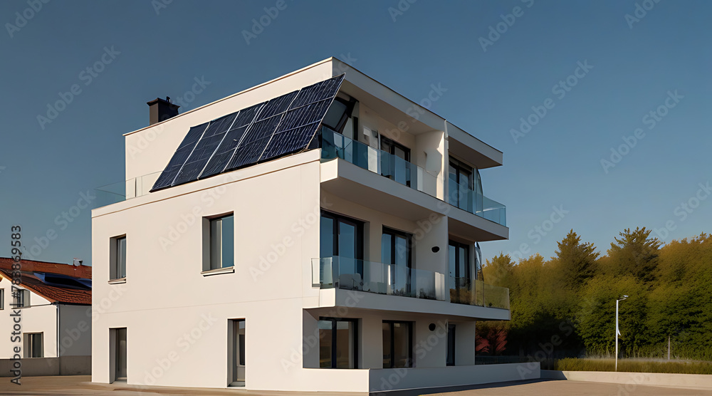 A Modern eco friendly passive house with solar panels on rooftop. Home solar panel. Solar panels on roof of modern apartment building in city with clear sky, battery