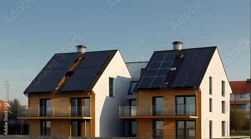 A Modern eco friendly passive house with solar panels on rooftop. Home solar panel. Solar panels on roof of modern apartment building in city with clear sky, home © Prateek