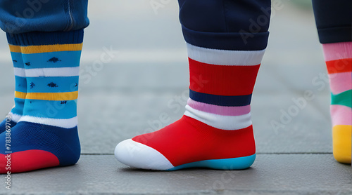Closeup of a Kid legs with different pair of socks and red sneakers standing in the street outdoors. Child foots in mismatched socks. Odd Socks day, Anti-Bullying Week, Down syndrome awareness, child photo