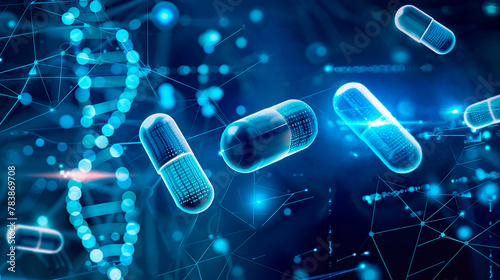 Pills and tablets with with cellular structures on blue space, pharmacologist and pharmacist background photo