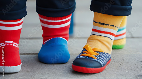 Closeup of a Kid legs with different pair of socks and red sneakers standing in the street outdoors. Child foots in mismatched socks. Odd Socks day, Anti-Bullying Week, Down syndrome awareness, random photo