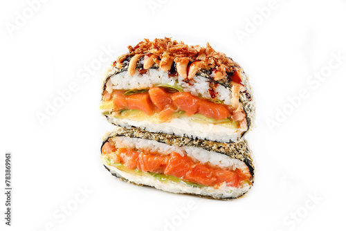 appetizing fresh sushi burgers on white background for food delivery site