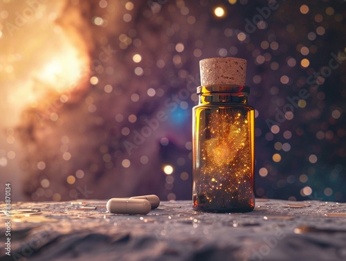 Pill bottle with elixir of life, celestial event backdrop, medium shot, 2D. photo