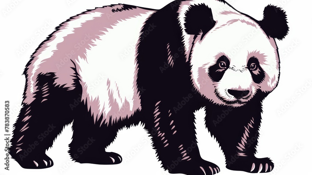 A panda bears in monochrome, balanced on one leg, gazes intently at the camera A panda bears in monochrome, balanced on one leg, gazes intently at the camera
