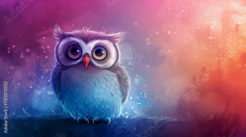  A painting of an owl perched on a branch against a backdrop of purple and pink, with radiant bubbles of light