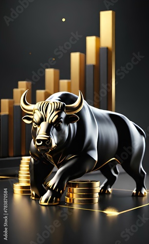 bull and bear financial infograhic stock market chart award in gold and black color with copyspace area as wide banner. photo