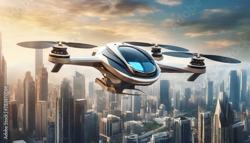 futuristic manned roto passenger drone flying in the sky over modern city for future air transportation and robotaxi.