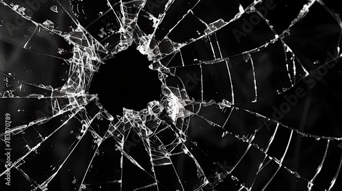 Close-up View of a Shattered Glass Texture on a Black Background. Concept of Breakage and Damage. High-contrast Monochrome Photography. Ideal for Background Use. AI