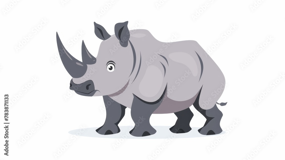   A rhinoceros faces the camera, its head turned, in the snowy landscape