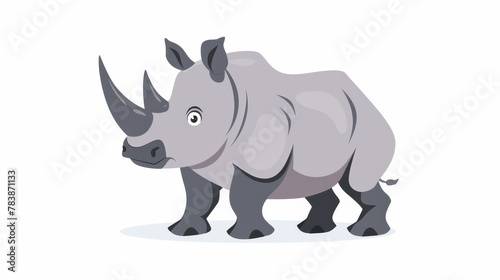   A rhinoceros faces the camera, its head turned, in the snowy landscape © Shanti
