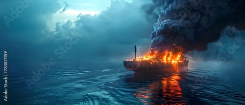 Dramatic Ship on Fire at Sea, Desolate Atmosphere. Cinematic Scene of Maritime Disaster. Night-time Ocean Tragedy. Ideal for Thriller Themes. AI