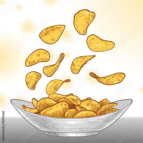 Hand drawn vector colored chips floating and falling into a bowl. 