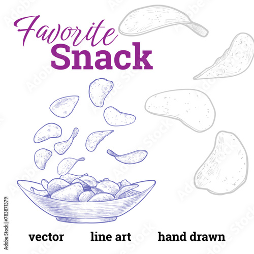 Vector snack chips, crisps hand drawn, line art on white background. 