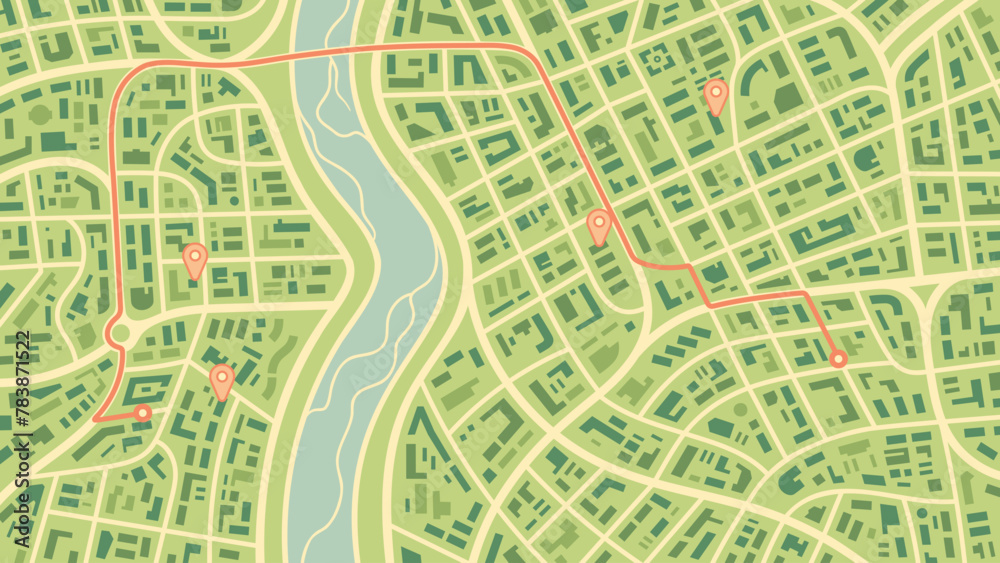 City map navigation. GPS navigator. Point marker icon. Top view, view from above. Abstract background. Simple realistic map design. Landscape with river. Flat style vector illustration. City map navigation. GPS navigator. Point marker icon. Top view, view from above. Abstract background. Simple realistic map design. Landscape with river. Flat style vector illustration.