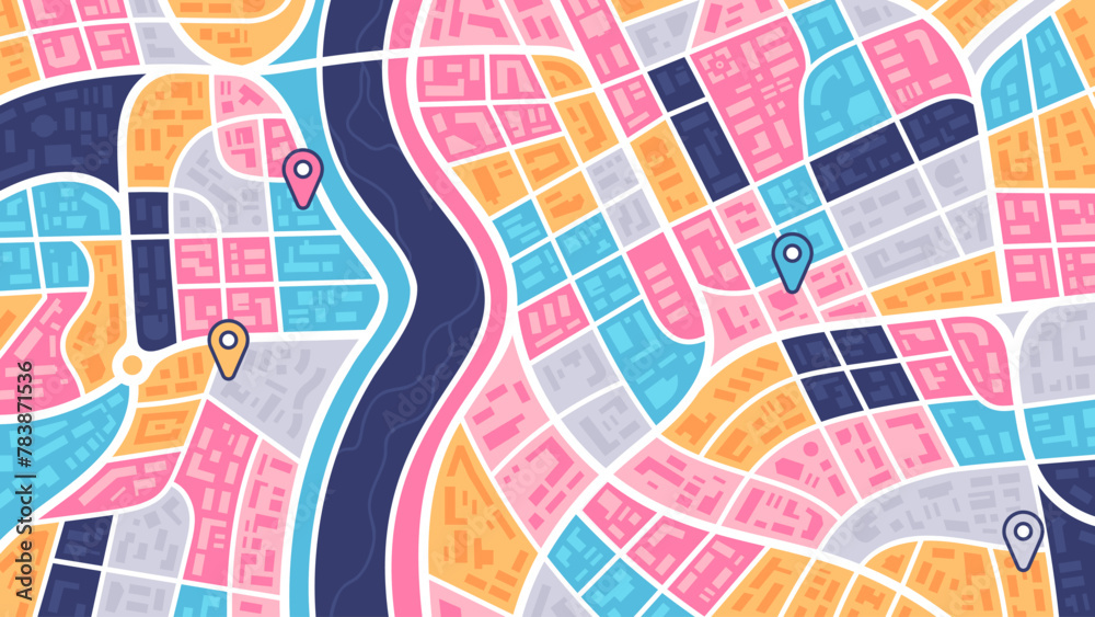 City map navigation. GPS navigator. Point marker icon. Top view, view ...