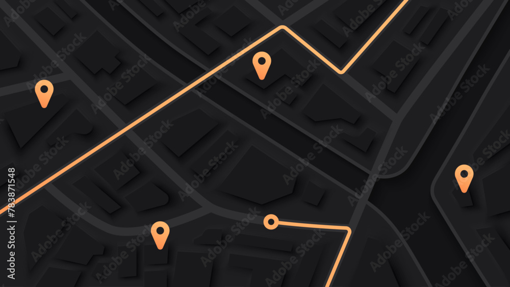 Obraz premium City map navigation. GPS navigator. Point marker icon. Top view, view from above. Abstract background. Simple realistic map design. Landscape with river. Flat style vector illustration. Dark colors.