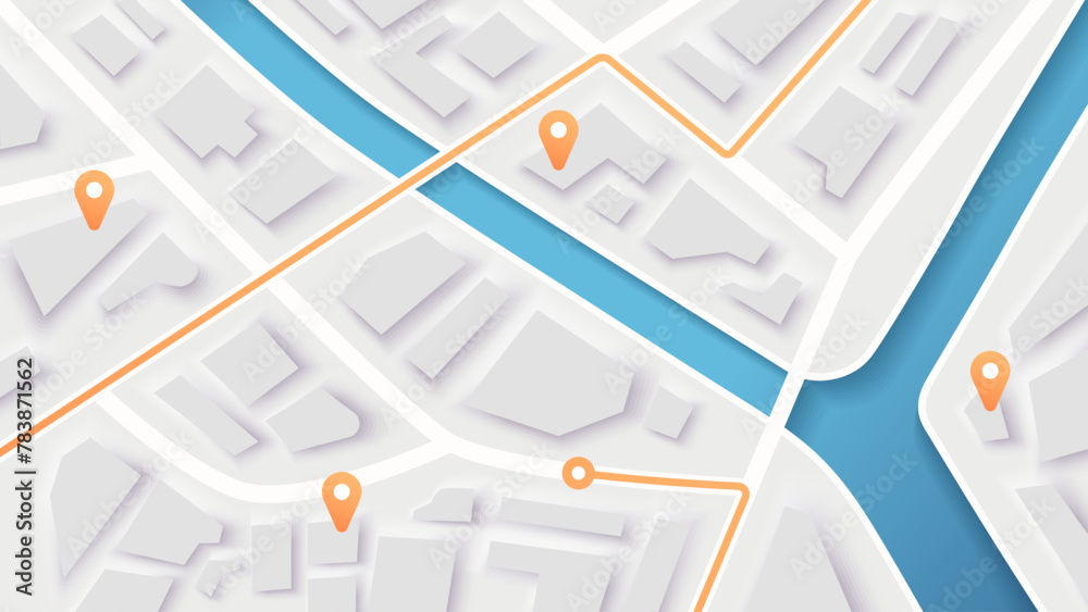 Obraz premium City map navigation. GPS navigator. Point marker icon. Top view, view from above. Abstract background. Simple realistic map design. Landscape with river. Flat style vector illustration.