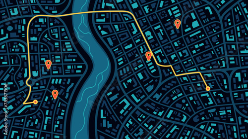 City map navigation. GPS navigator. Point marker icon. Top view, view from above. Abstract background. Simple realistic map design. Landscape with river. Flat style vector illustration.
