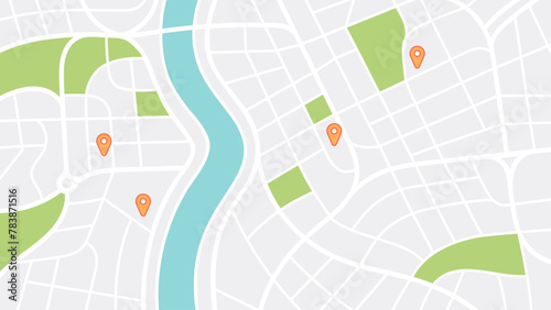 City map navigation. GPS navigator. Point marker icon. Top view, view from above. Abstract background. Simple realistic map design. Landscape with river. Flat style vector illustration.