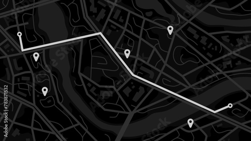 City map navigation. GPS navigator. Point marker icon. Top view, view from above. Abstract background. Simple realistic map design. Landscape with river. Flat style vector illustration. Black colors. © Ihor