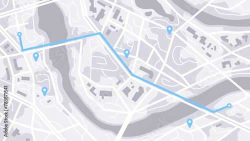 City map navigation. GPS navigator. Point marker icon. Top view, view from above. Abstract background. Simple realistic map design. Landscape with river. Flat style vector illustration. © Ihor