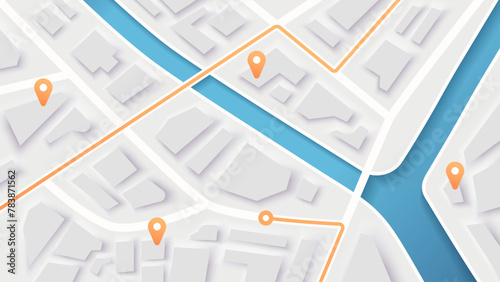 City map navigation. GPS navigator. Point marker icon. Top view, view from above. Abstract background. Simple realistic map design. Landscape with river. Flat style vector illustration. © Ihor