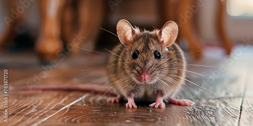 Close-up of a mouse on the kitchen floor 