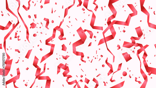 Vector confetti seamless pattern. Red color confetti falls from above. White background. Shiny confetti isolated. Ribbons. Defocused elements. Party, birthday, Holiday banner template.