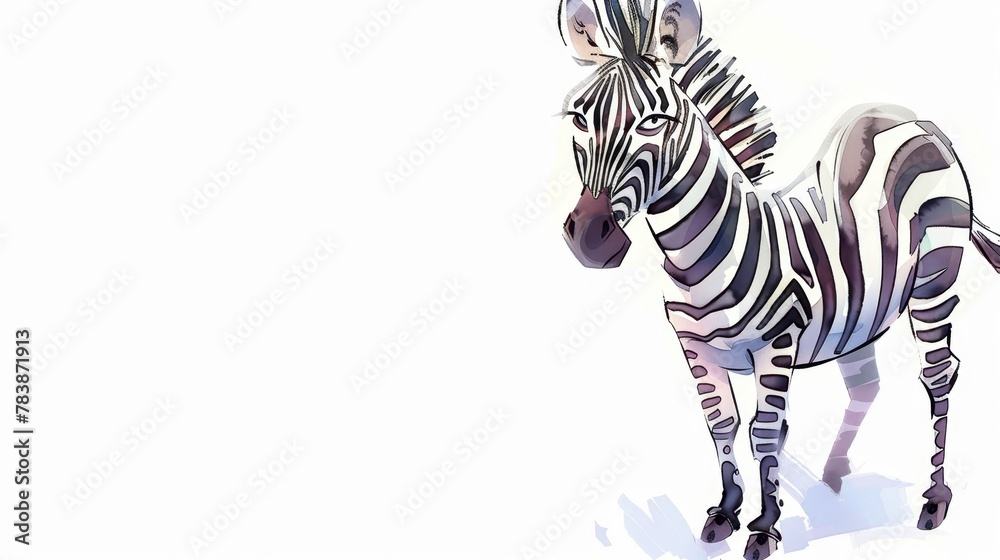 Fototapeta premium A zebra stands on a white surface with its head turned to one side