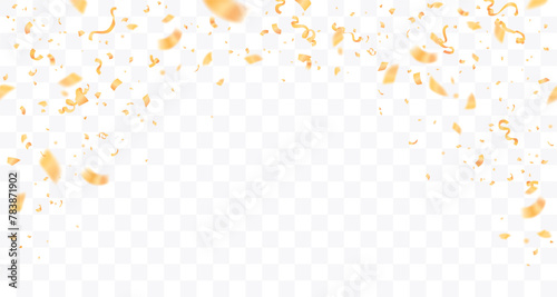 Vector confetti seamless pattern. Yellow color confetti falls from above. Transparent background. Shiny confetti isolated. Ribbons. Defocused elements. Party, birthday, Holiday banner template. © Ihor