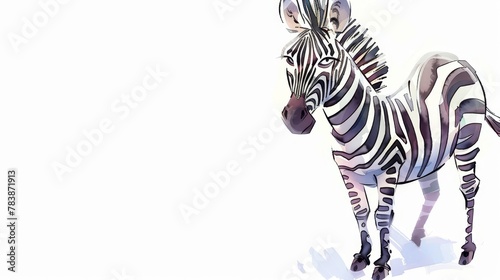   A zebra stands on a white surface with its head turned to one side