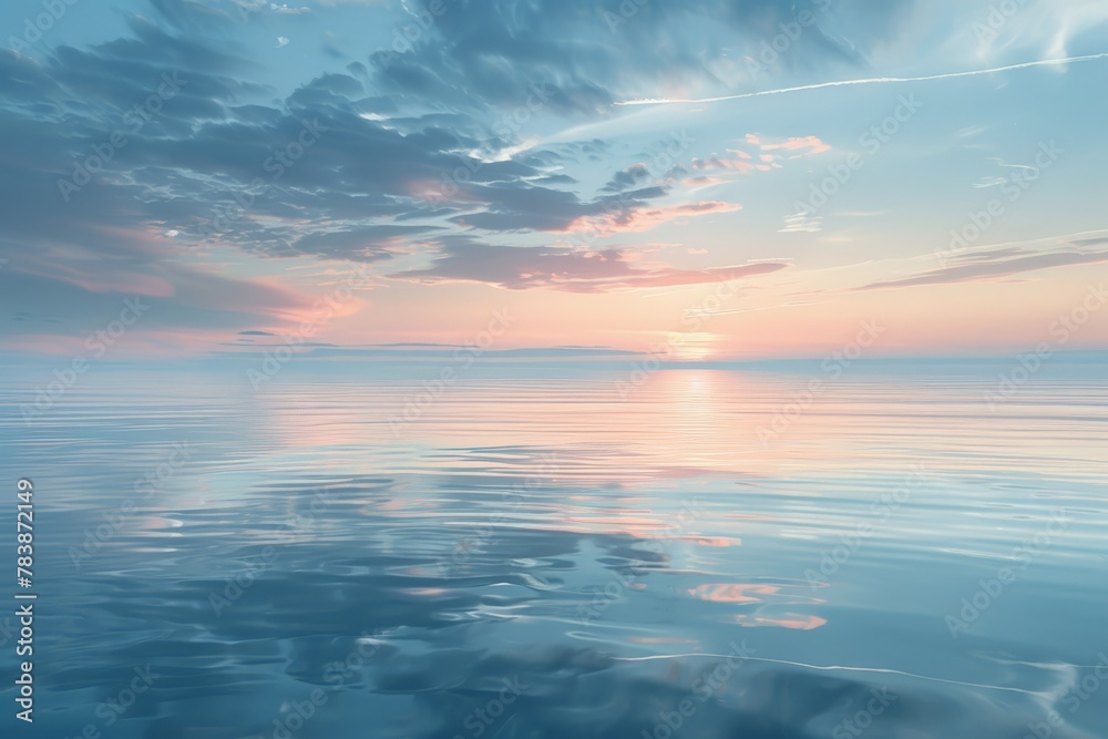 Water surface, reflections of the sky at dawn, Tranquil waters reflect pastel skies in an unbroken horizon, evoking a deep calmness. Absence of life and gentle ripples suggest a serene,