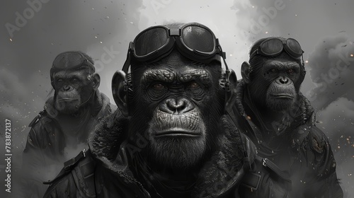   A group of gorillas aligns before a cloudy backdrop, emitting smoke from their ear tufts