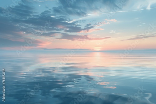 Water surface, reflections of the sky at dawn, Tranquil waters reflect pastel skies in an unbroken horizon, evoking a deep calmness. Absence of life and gentle ripples suggest a serene, photo