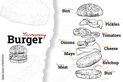 Vector yummy burger line art hand drawn with pickles, tomatoes, cheese, onions, mayo, ketchup, bread bun and meat. Layered drawn.