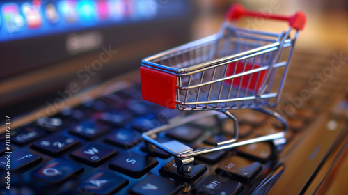 Mini shopping cart on a laptop keyboard symbolizing online shopping