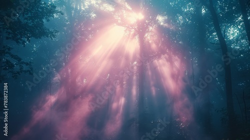  The sun penetrates the forest, casting light through fog-covered trees in shades of blue, pink, and hue