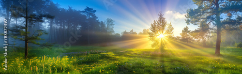 Beautiful panorama landscape with sun and forest and flowers meadow at sunrise. Sun rays shine through trees. Panoramic view. Ai generative..