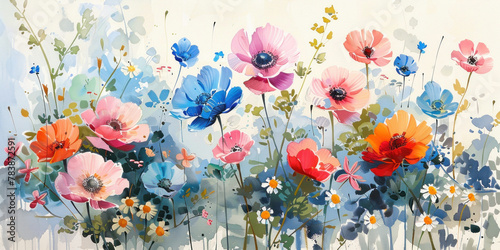 Vibrant Botanical Bouquet An Oil Painting of Colorful Flowers on White Background with Blue, Red and Pink Blooms