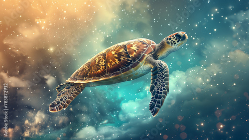 World Turtle Day banner with a photorealistic turtle swimming through an ocean of stars, merging fantasy with a clean, surrealistic approach
