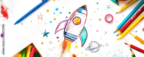 Hand-drawn rocket launching into space, surrounded by colorful art supplies. Creativity in education concept. Inspiring craft for kids. Imaginative play illustration. AI photo