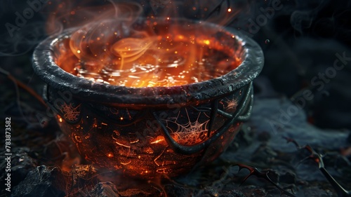 bubbling cauldron filled with a swirling potion, its surface reflecting ingredients like shimmering spiderwebs, glowing dragon scales, and wisps of captured moonlight. photo