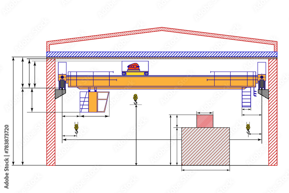 Overhead crane sketch with dimensions. Dimensional drawing. 