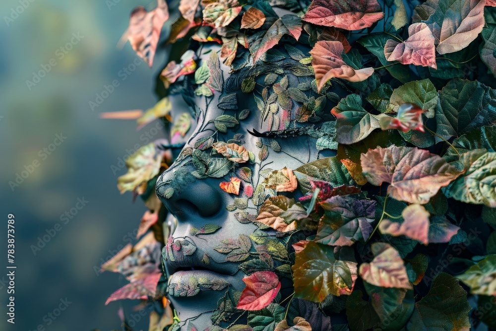The face of a person with colorful leaves. Concept, fantasy, thoughts, imagination and mind.