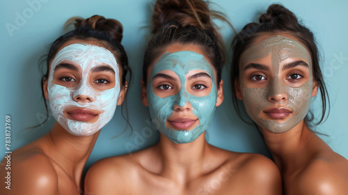 three Hispanic young women share a moment with facial masks, looking serene