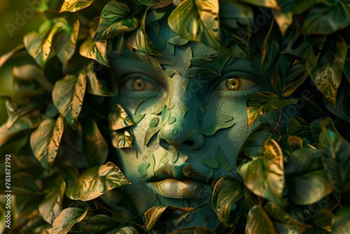 The face of a person with colorful leaves. Concept, fantasy, thoughts, imagination and mind.